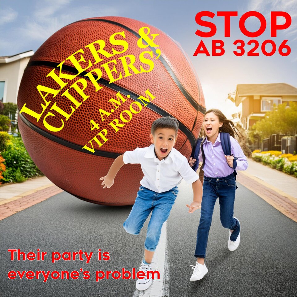 A flyer to stop AB3206. A large basketball rolling towards two kids that are running and yelling. Alcohol Justice